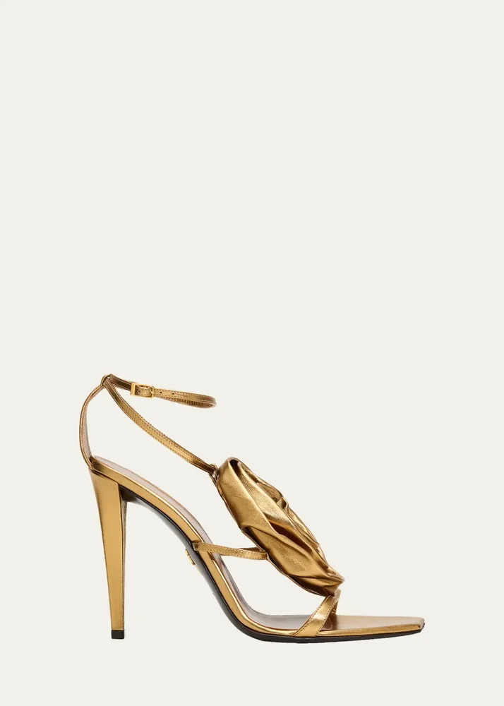 105mm Flower Metallic Leather Ankle-Strap Sandals