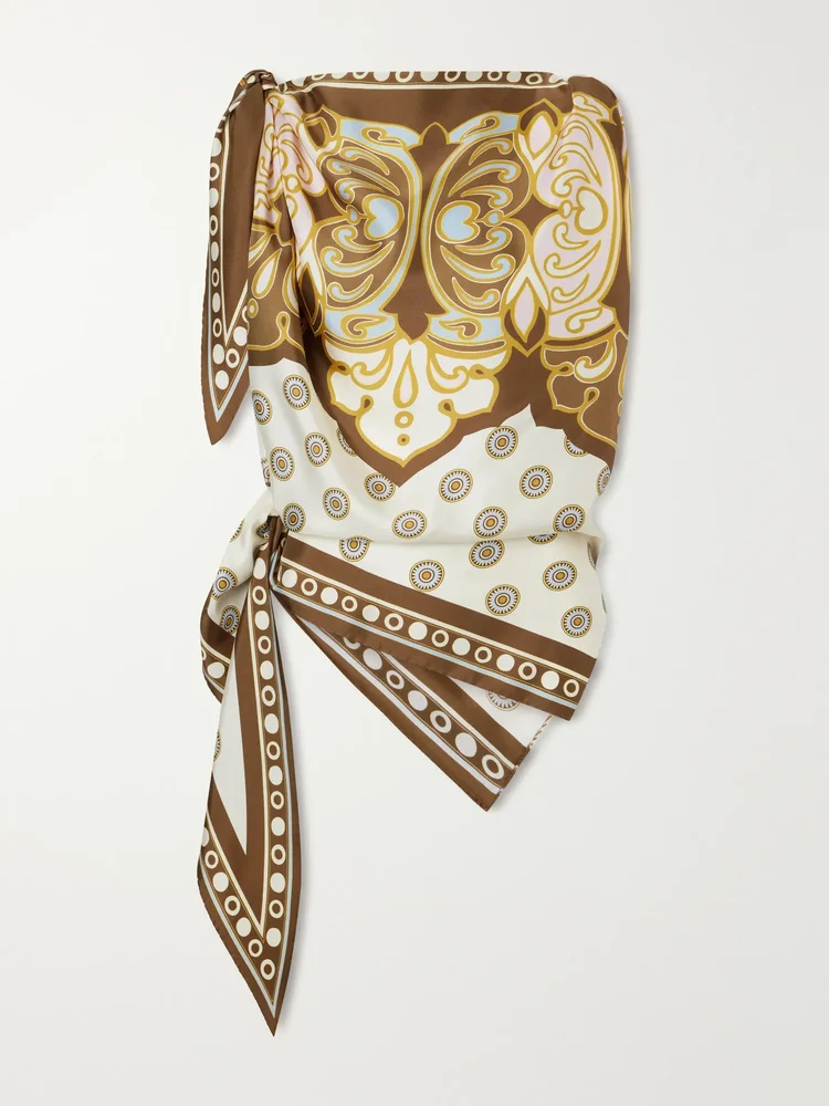 Asymmetric knotted printed silk-satin blouse