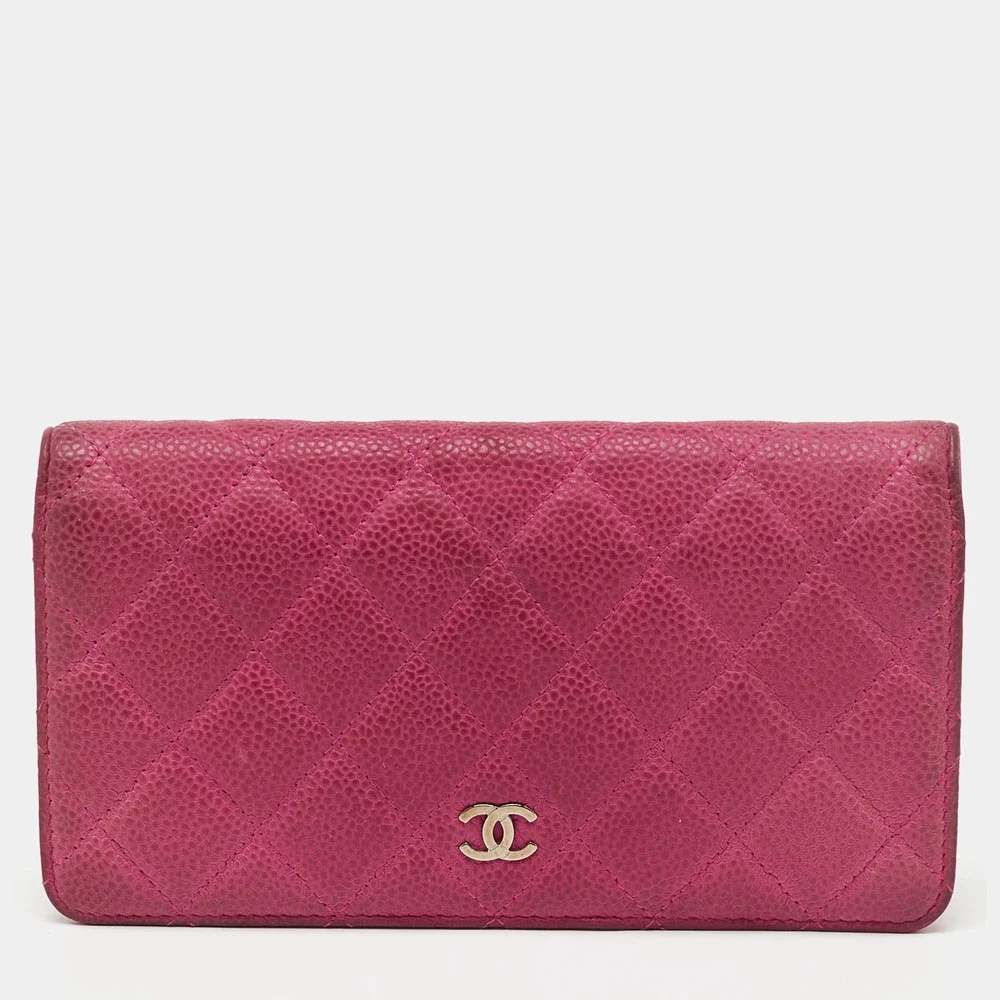 Pink Quilted Caviar Leather L Yen Long Wallet