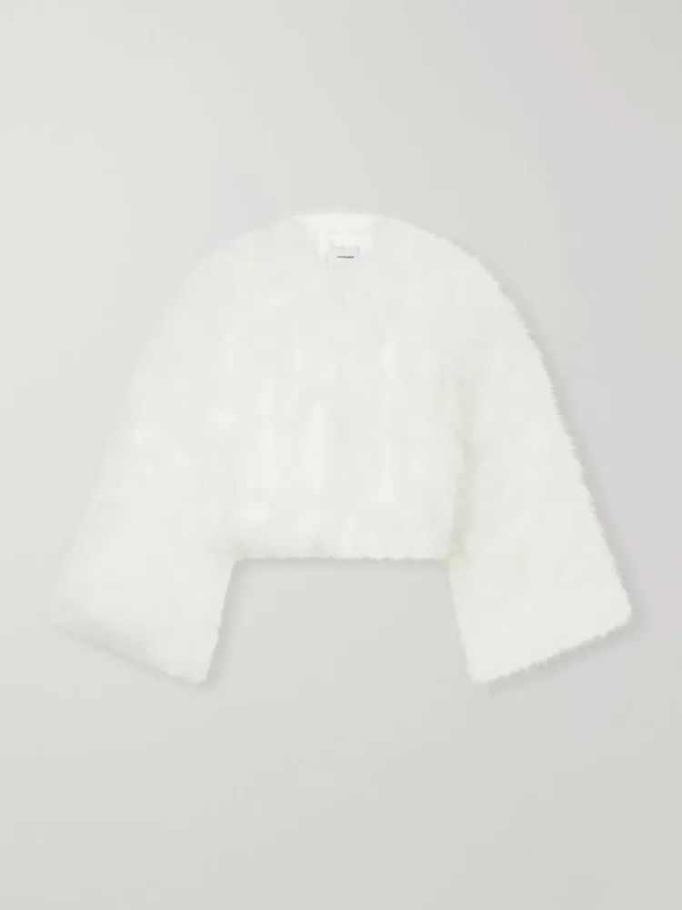 Cropped feather-trimmed satin cape