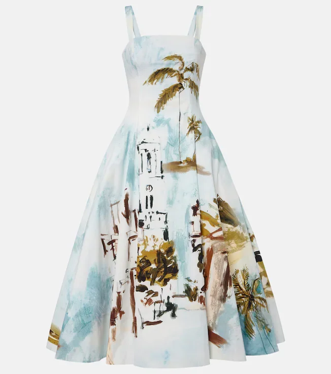 Printed cotton-blend poplin midi dress