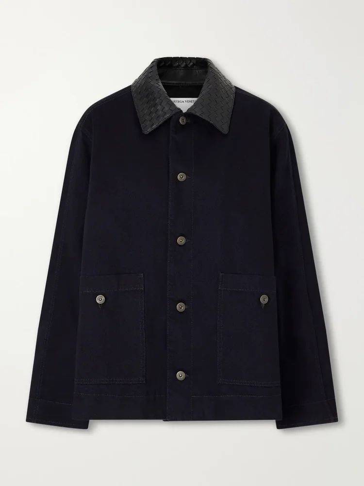 Intrecciato leather-trimmed denim jacket