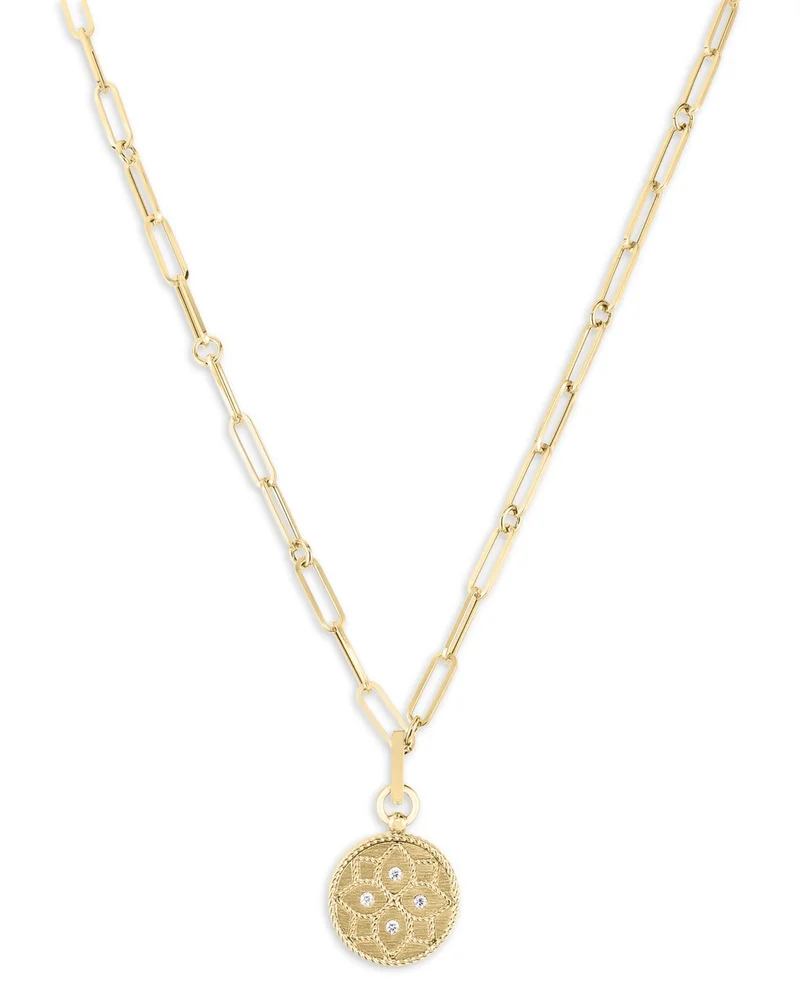 18K Yellow Gold Venetian Princess Diamond Floral Medallion Pendant Necklace, 19"