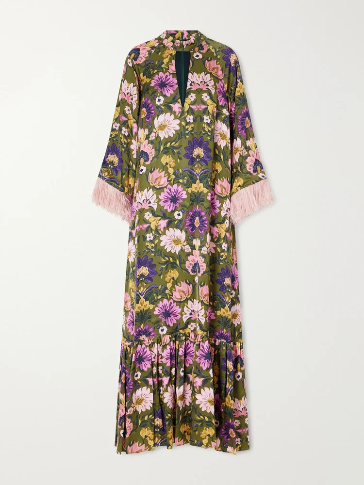 Avalon feather-trimmed printed satin maxi dress