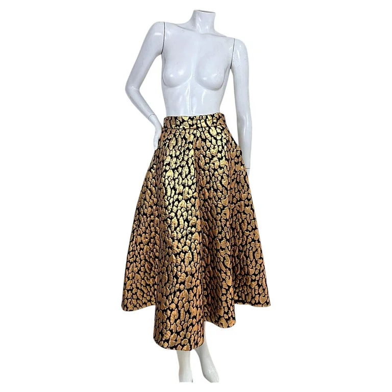 Metallic Gold Leopard Jacquard Silk Full Skirt FR 38