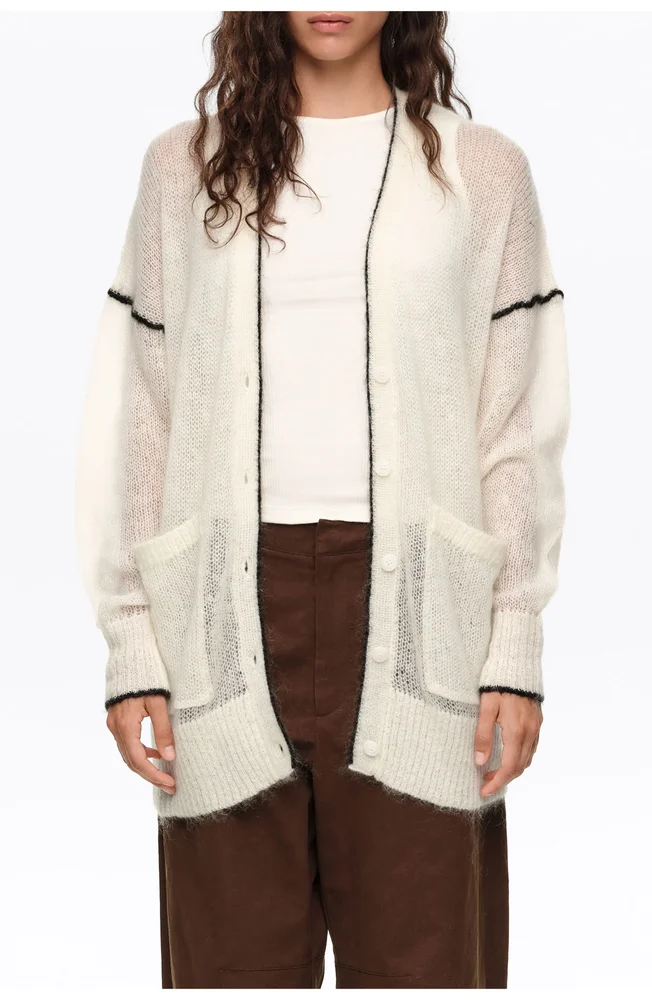 Long Mohair Cardigan with Contrast Trim