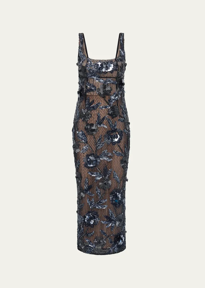 Pierre Strap Beaded Column Midi Dress