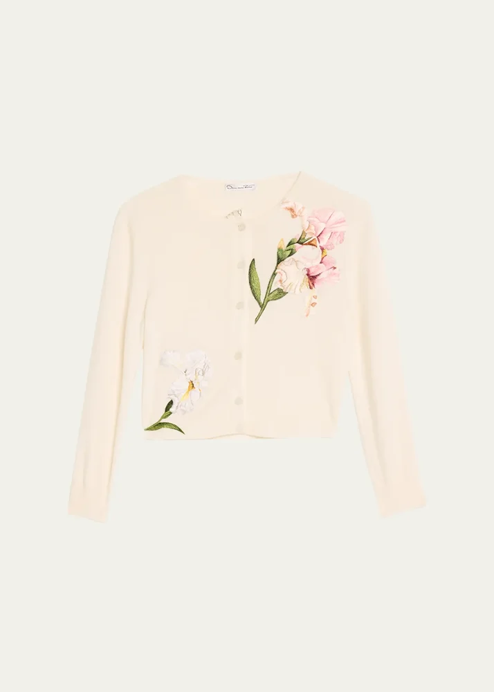 Watercolor Iris Embroidered Crop Crewneck Cardigan