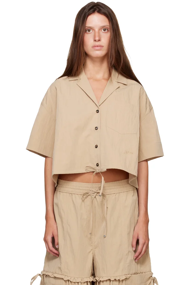 Beige Washed Cotton Cropped Bowling Shirt