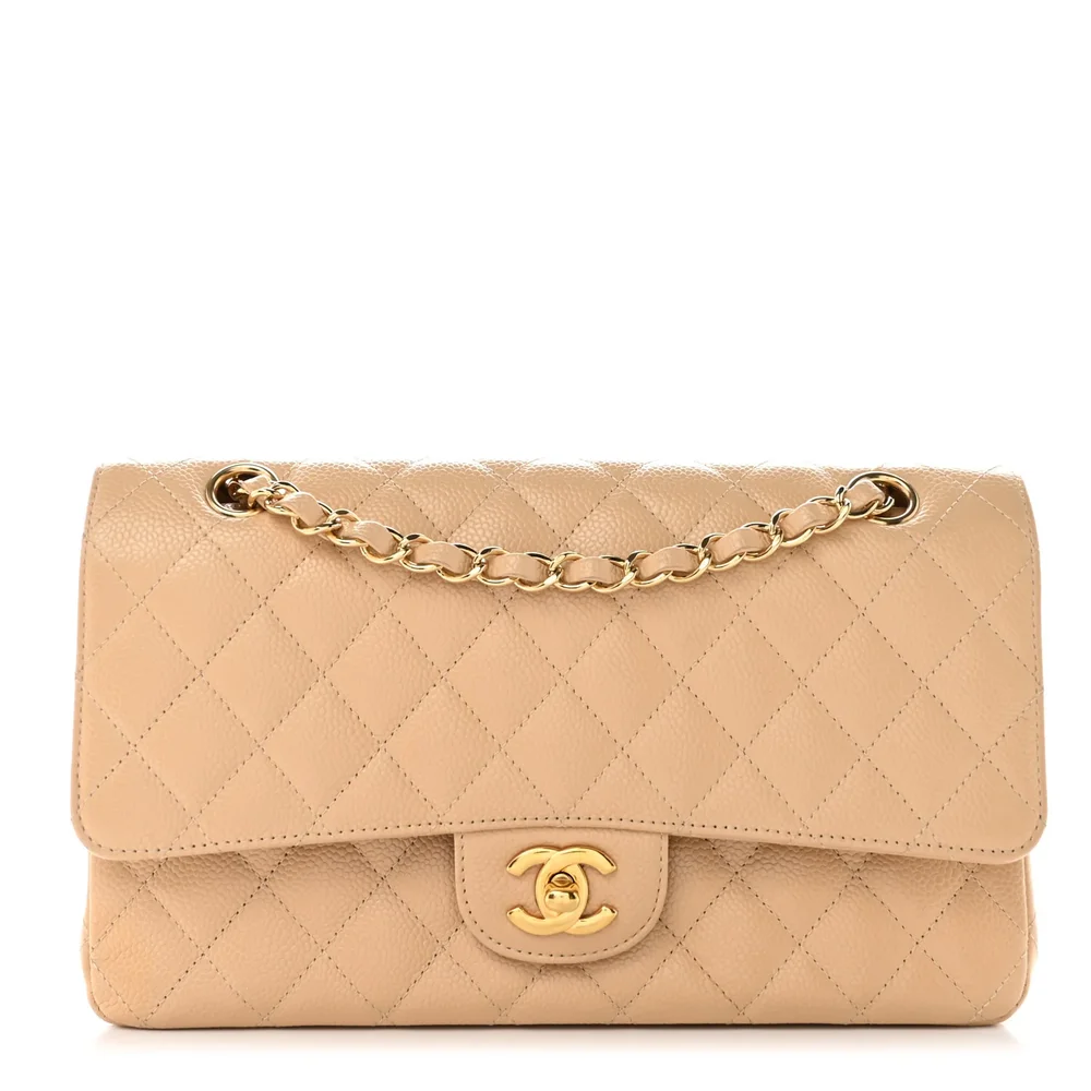 Caviar Quilted Medium Double Flap (Beige)
