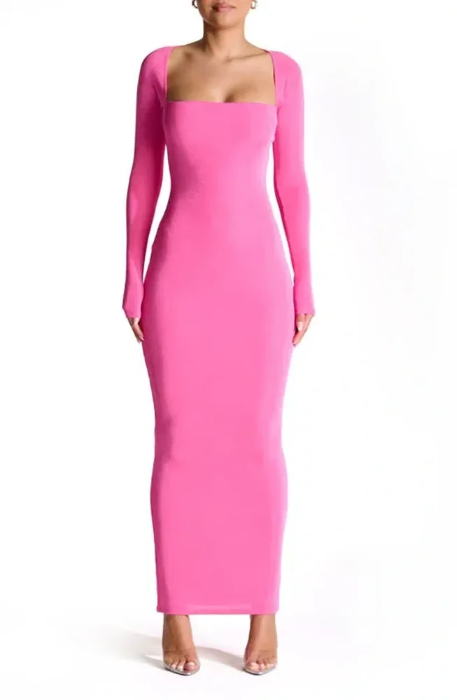 Naked Wardrobe Hot Pink Long Sleeve Maxi Dress - XS