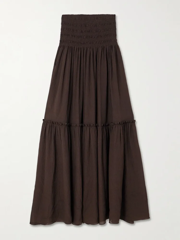 Folia shirred tiered seersucker maxi skirt