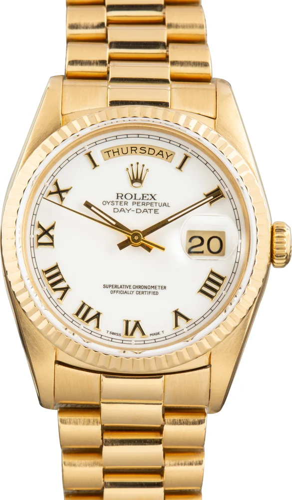 Pre-Owned Rolex Day-Date 36 President 18238 White Roman Dial Yellow Gold