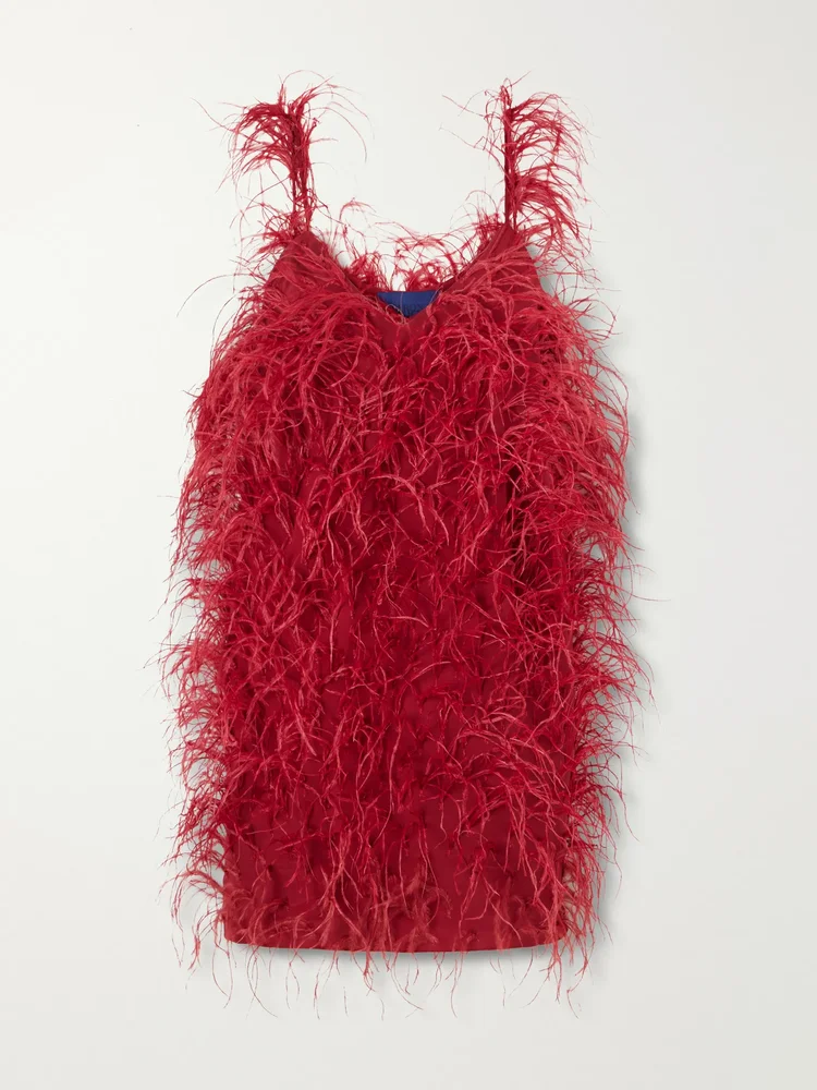 Sara feather-trimmed silk-crepe mini dress