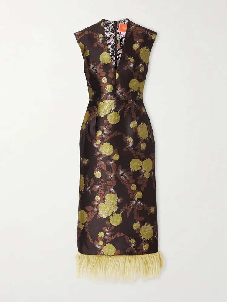 Feather-trimmed jacquard midi dress