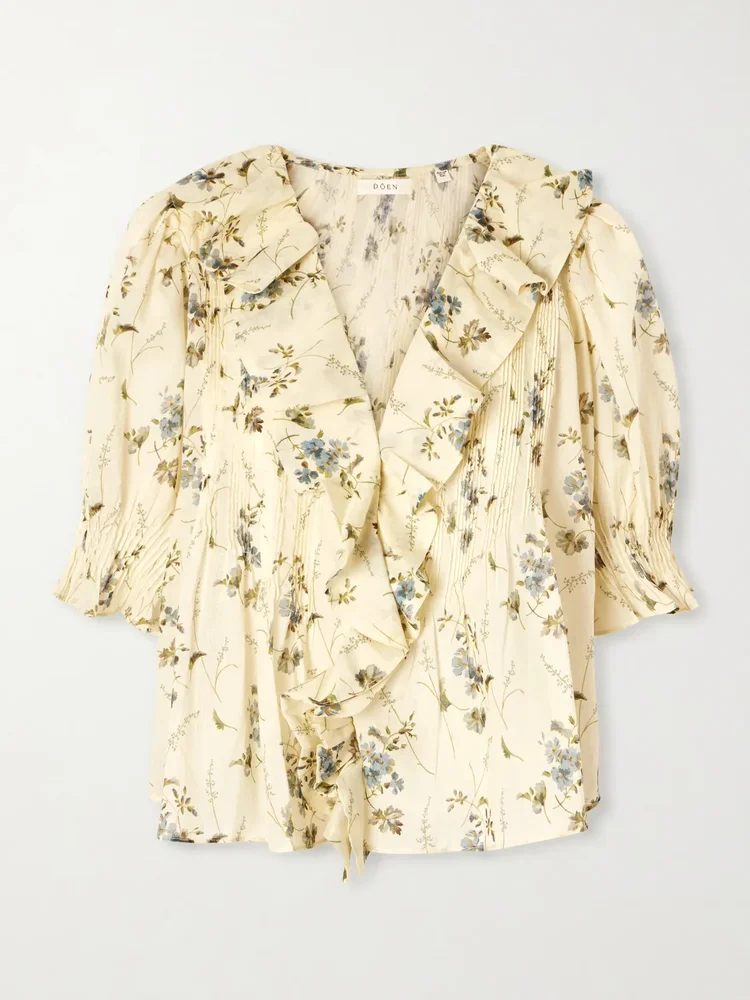 henri ruffled pintucked organic cotton voile top