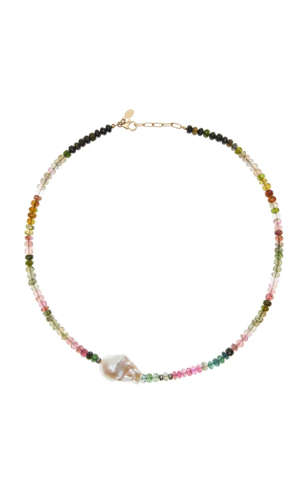 Water Color 18K Yellow Gold Tourmaline Diamond Pearl Necklace