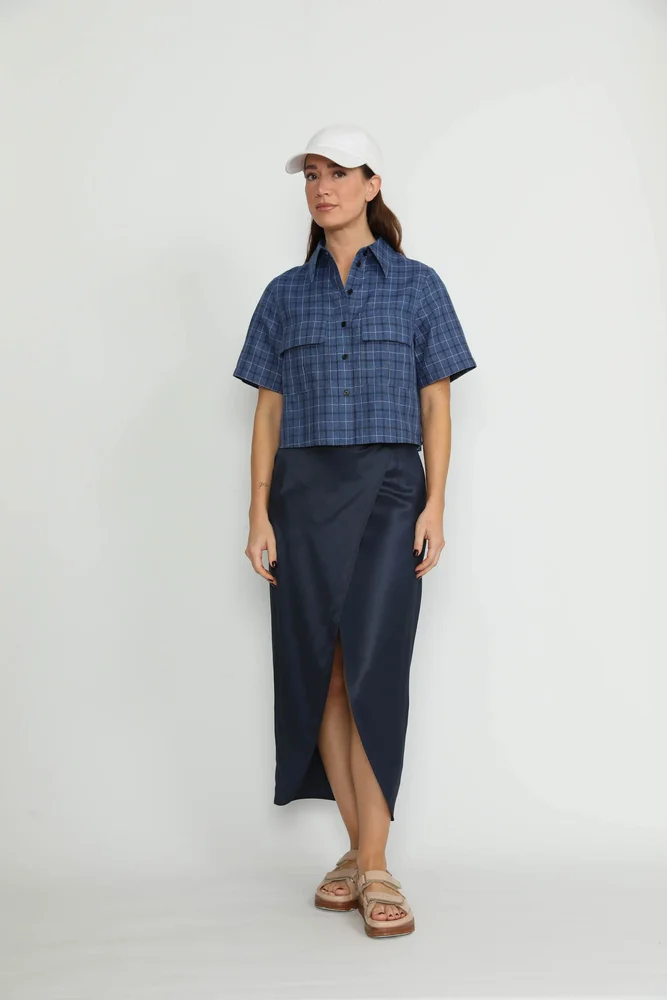 Littau Skirt - Littau Navy Satin Pinstripe Wrap Midi Skirt