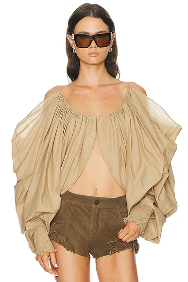 Draped Cotton Blouse in Beige Foncé