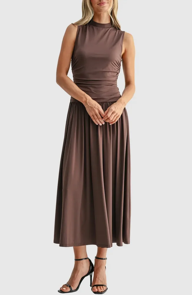 Ruched Mock Neck Drop Waist Fit & Flare Midi Dress