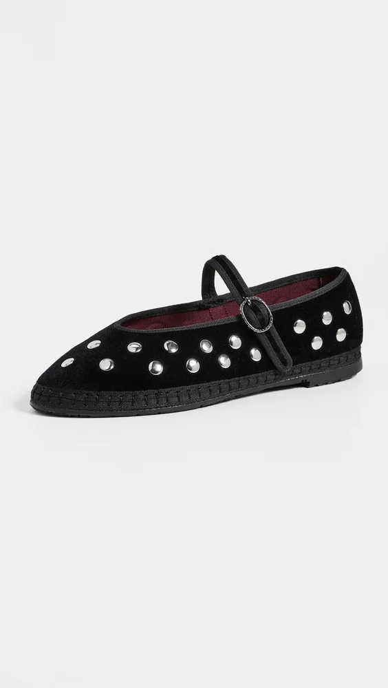 Mae Studded Velvet Mary Jane Flats - Black
