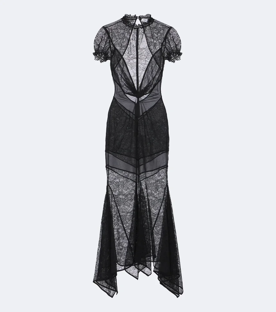 Semi-sheer asymmetric lace midi dress