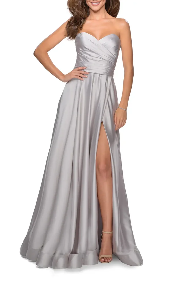 Strapless Satin Gown with Pleated Bodice and Slit