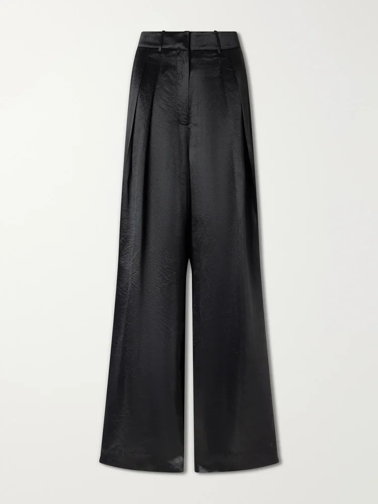 Pleated satin high-waist wide-leg pants