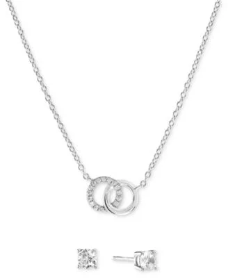 2-Pc. Set Cubic Zirconia Interlocking Rings Pendant Necklace & Solitaire Stud Earrings in Sterling Silver