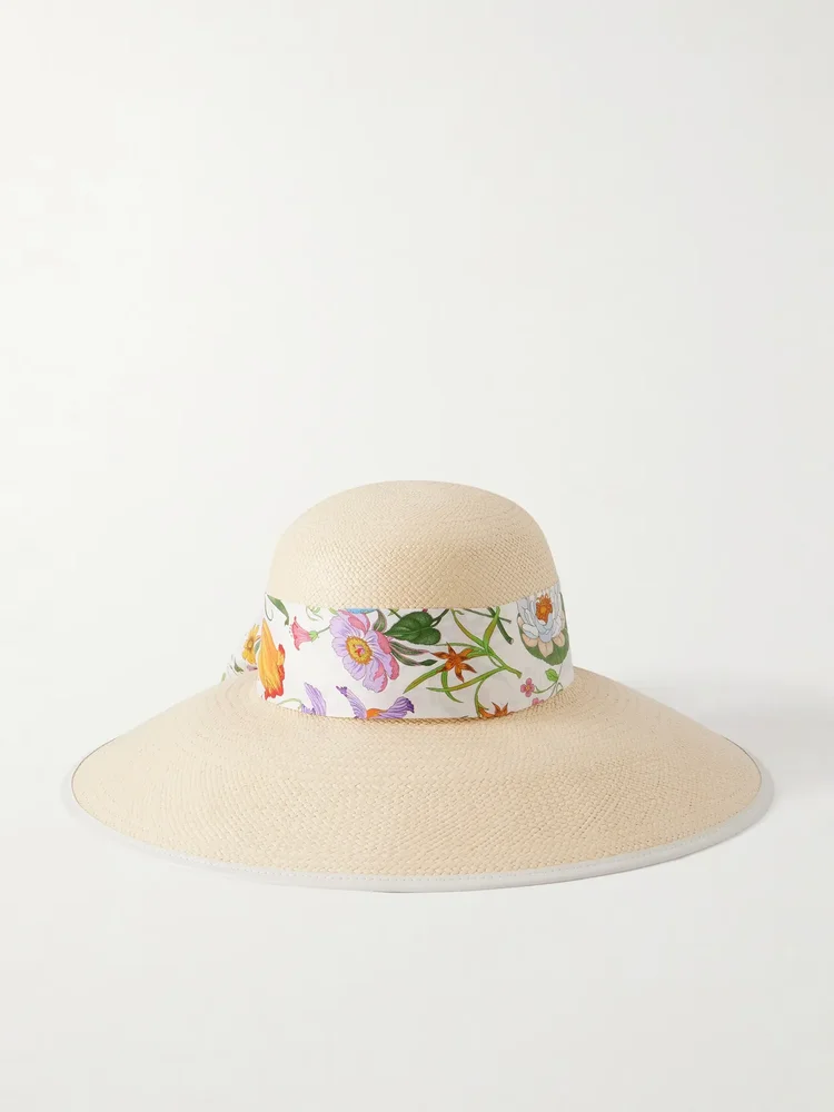 Beverlie floral-print silk and leather-trimmed straw hat