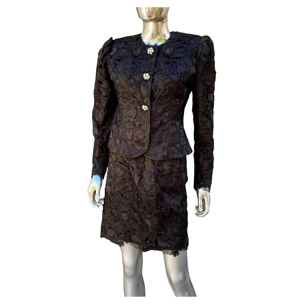 Vintage Ricco Antonio Embroidered Black Lace Evening Dinner Suit Size 6/8
