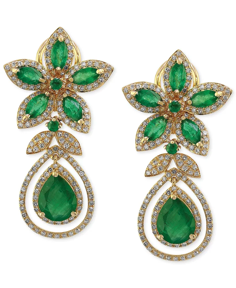 Emerald and Diamond Teardrop Earrings in 14K Gold