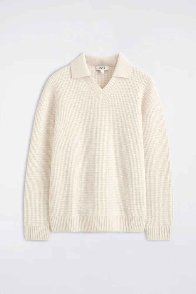 Waffle-knit Wool Polo Sweater