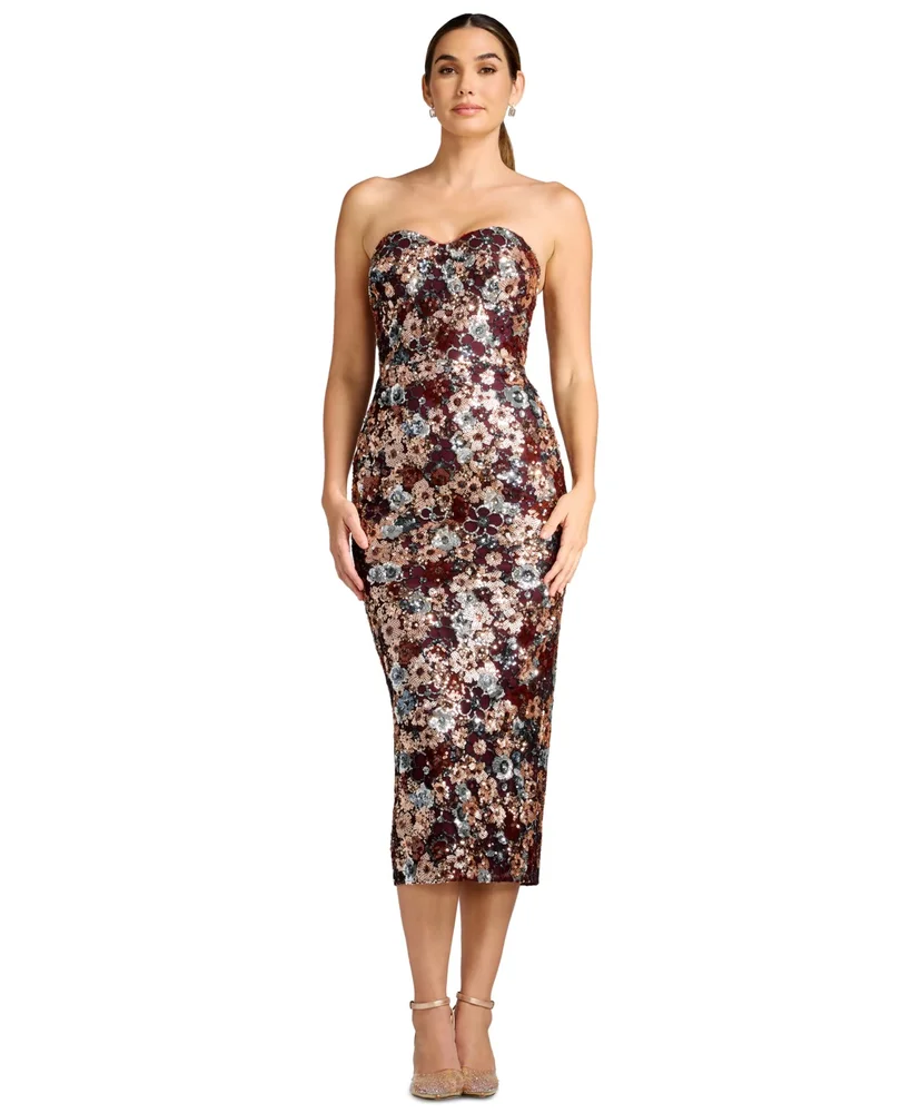 Women's Sequin Floral Sweetheart Midi Dress