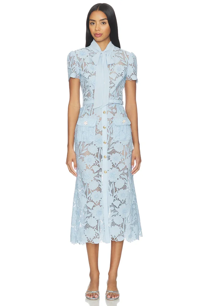 Blue Lace Tie Neck Midi Dress