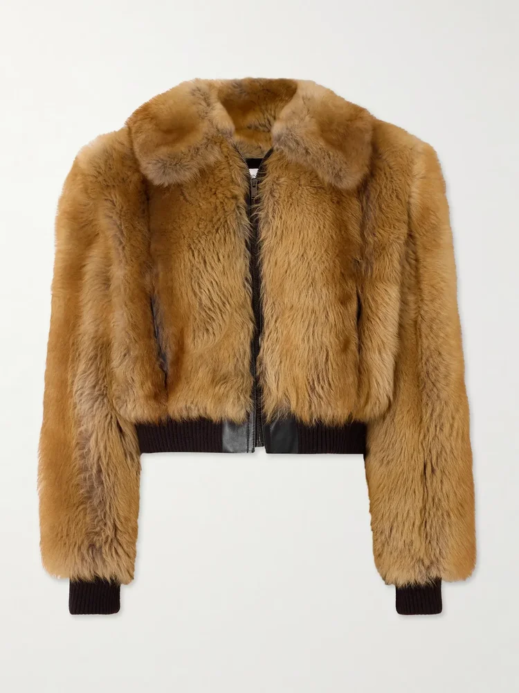 Leather-trimmed shearling bomber jacket
