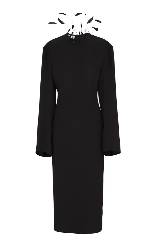 Feather-Embellished Sable Midi Dress