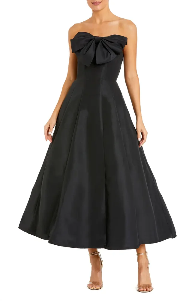 Strapless A-Line Tea Length Statement Bow Midi Dress
