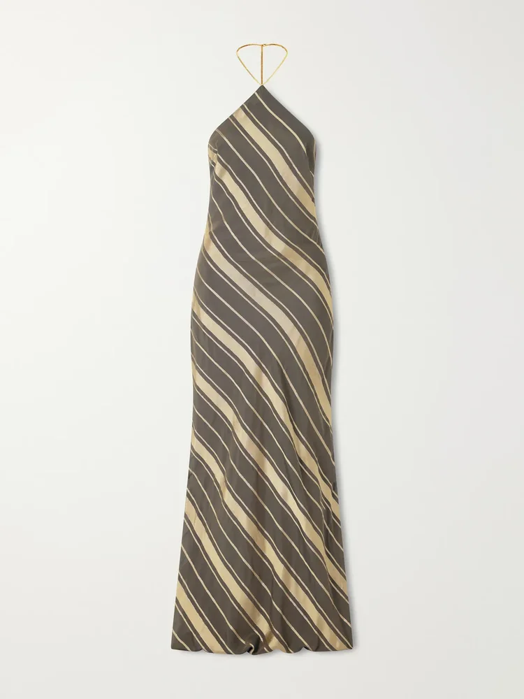 striped silk blend halter neck maxi dress