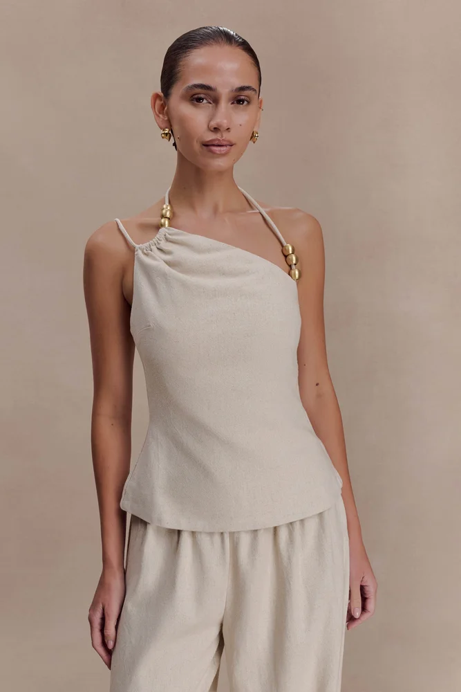 Gabby - Asymmetrical Neckline Linen Beaded Top - Natural