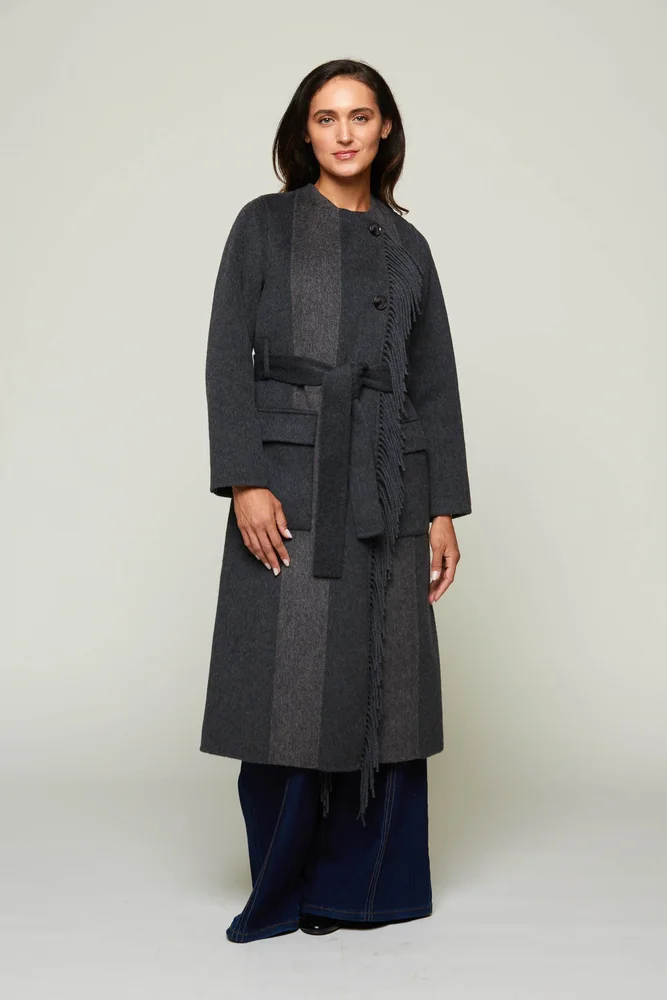 Merrit Charcoal Long Fringe Belted Coat