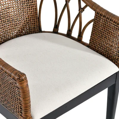 Rattan Barrel Back Design Solid Wood Base Upholstered Seat Accent Chair