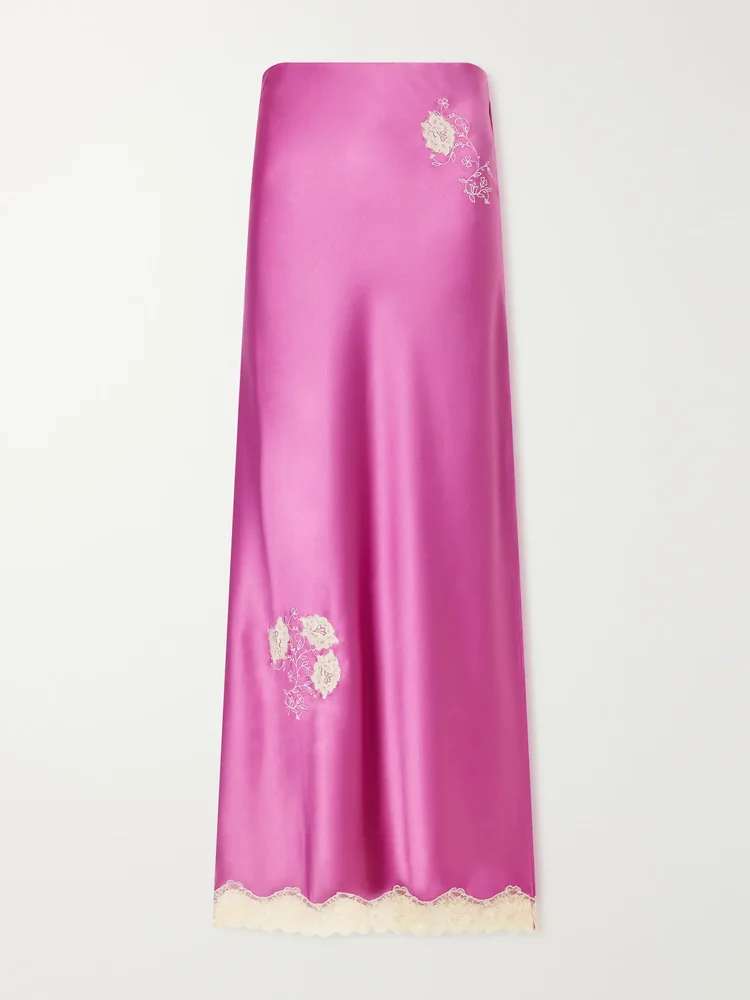 Lace-trimmed embroidered satin maxi skirt