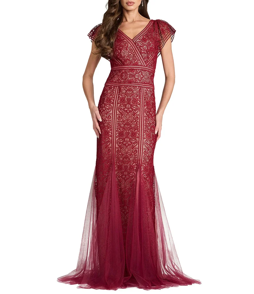 Flutter Sleeve Embroidered Lace Tulle Gown