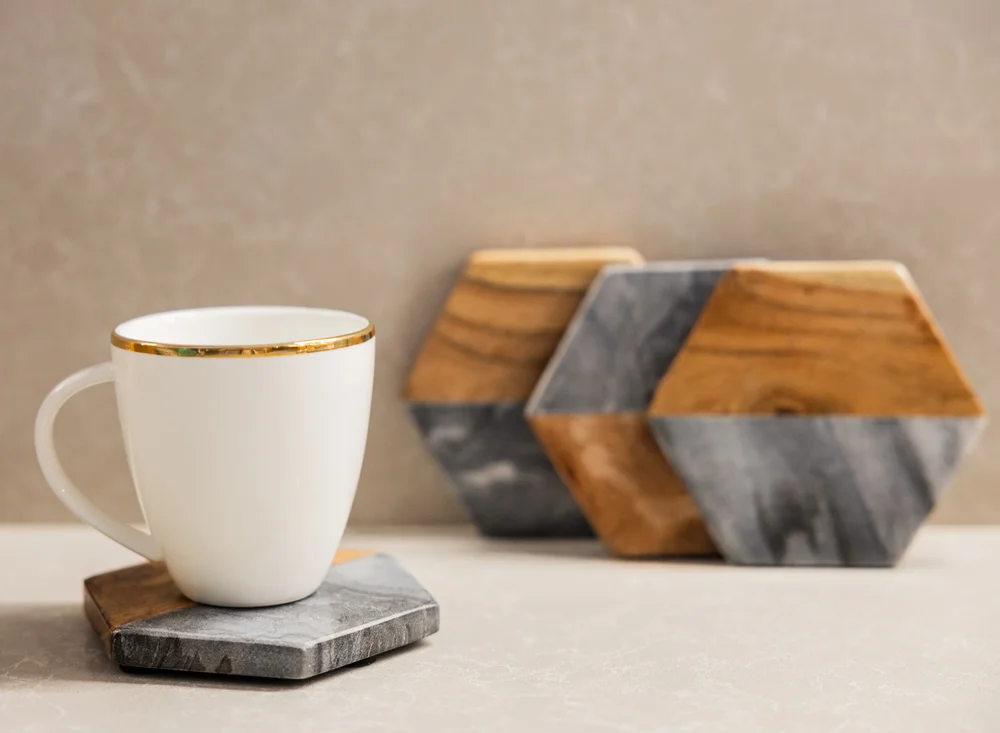 Marble and Wood Hexagon Coaster Set, 4-Piece Non-Slip Drink Coasters