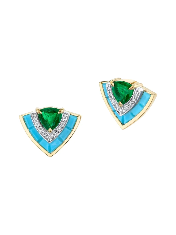 Tiered 18K Yellow Gold, .11 TCW Diamond & Multi-Gemstone Stud Earrings