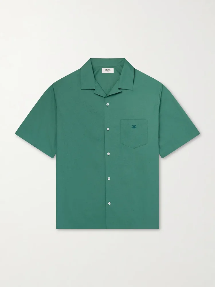 Convertible-Collar Logo-Embroidered Cotton and Linen-Blend Shirt