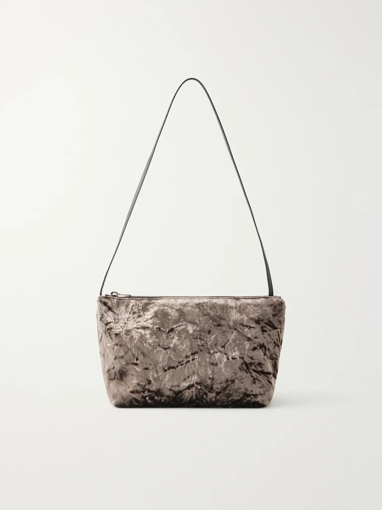 Corset leather-trimmed crushed velvet shoulder bag