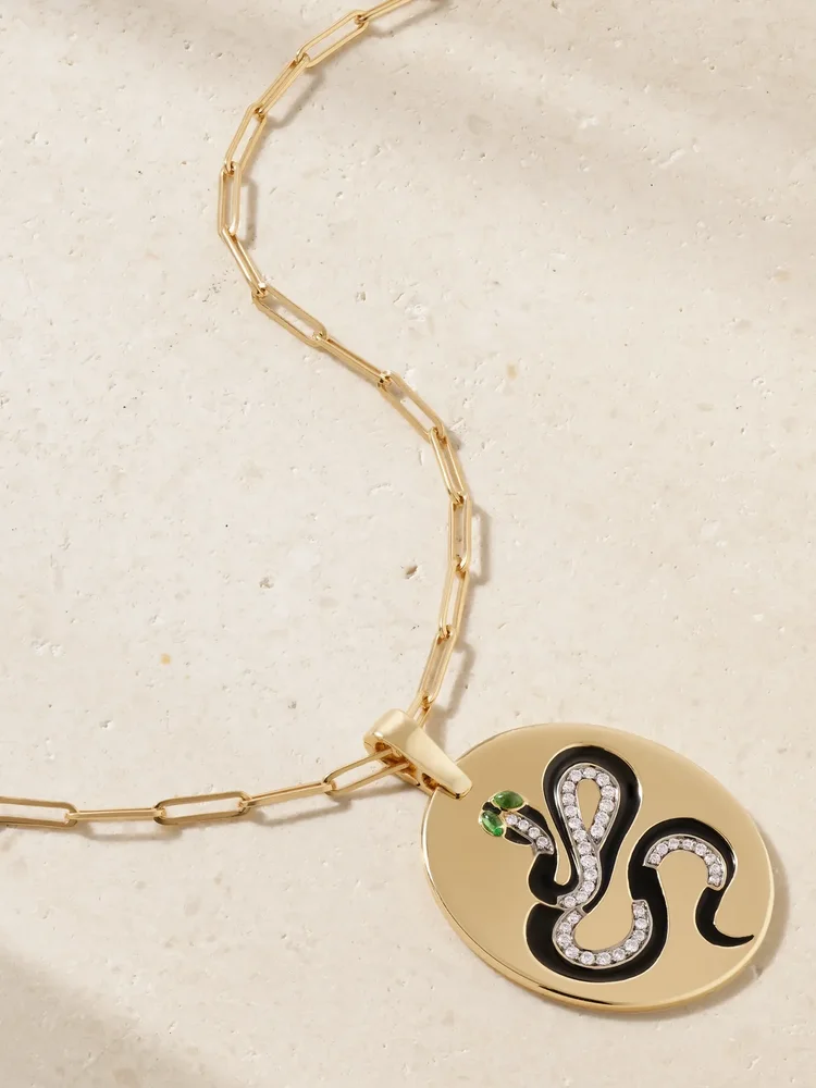 Snake 18-karat gold, diamond, tsavorite and enamel necklace