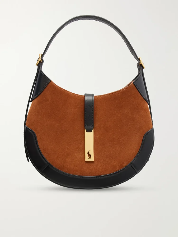 Leather-trimmed suede shoulder bag